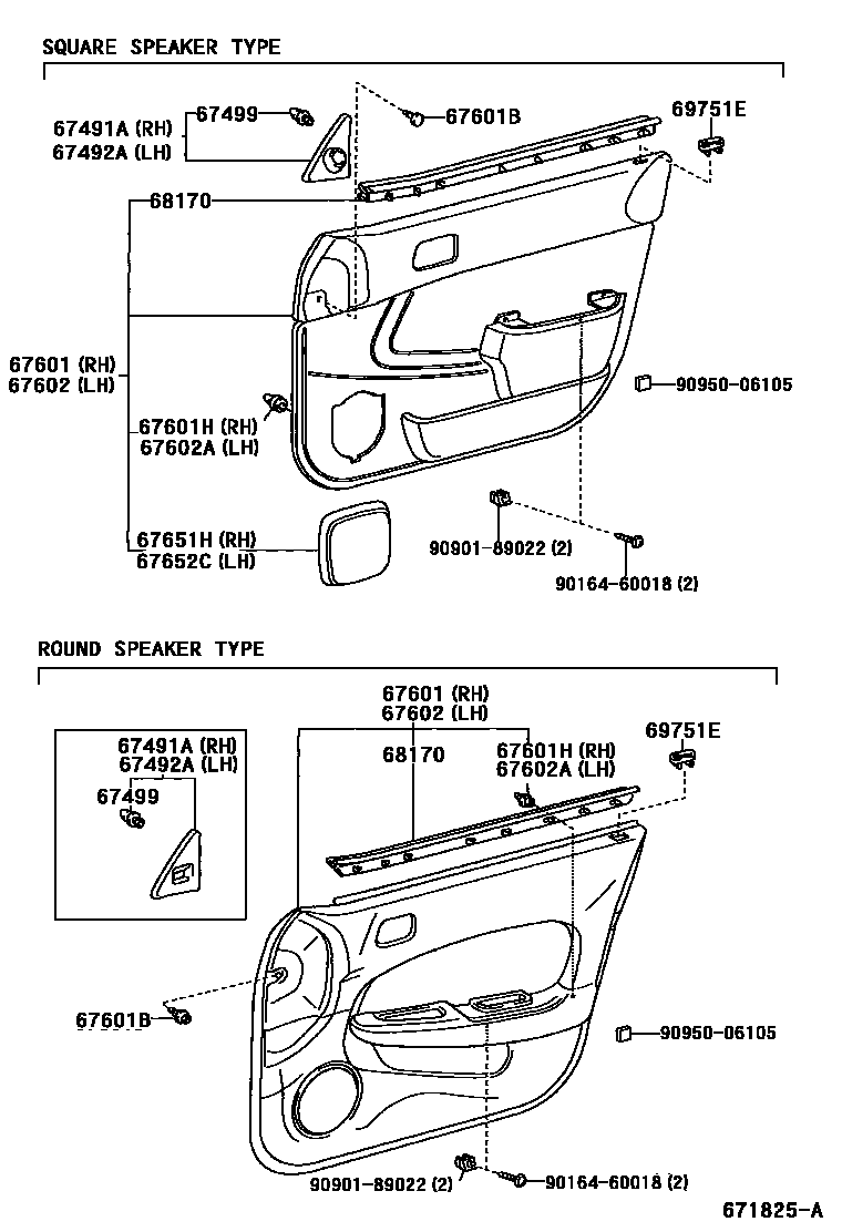 Toyota COROLLA 前门板和前门玻璃 EPC diagram — 671825A