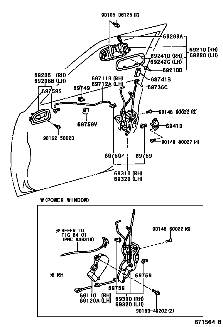 Toyota COROLLA 前门锁和车门把手 EPC diagram — 671564B