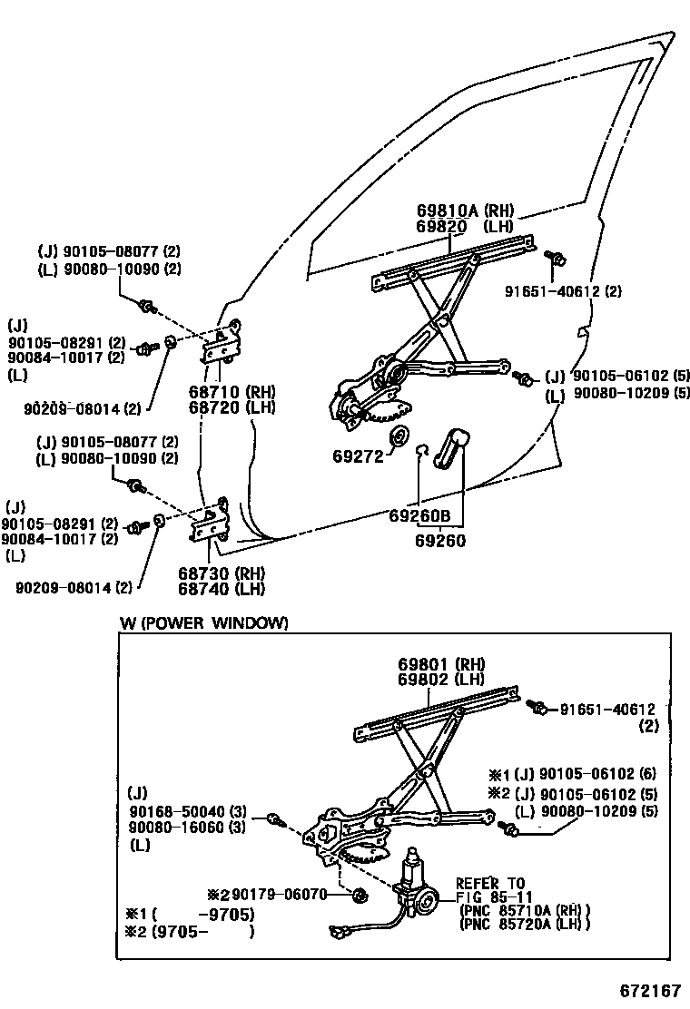 Toyota COROLLA 前门车窗升降器和合页 EPC diagram — 672167