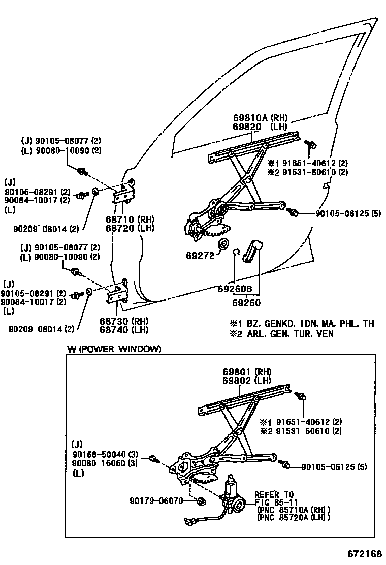 Toyota COROLLA 前门车窗升降器和合页 EPC diagram — 672168