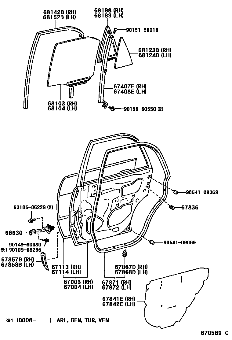 Toyota COROLLA 后门板和后门玻璃 EPC diagram — 670589C