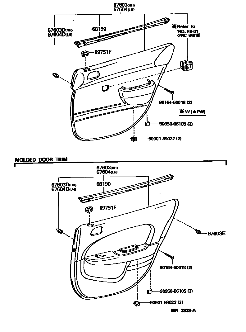 Toyota COROLLA 后门板和后门玻璃 EPC diagram — MN3338A