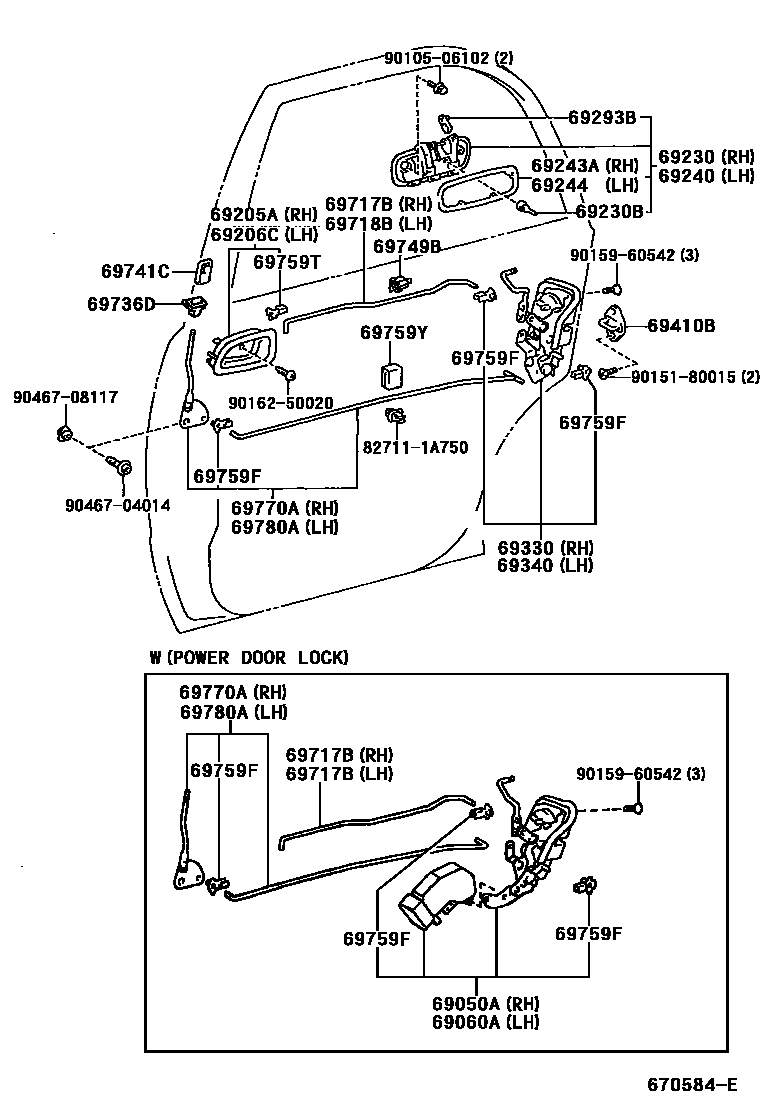 Toyota COROLLA 后门锁和后门把手 EPC diagram — 670584E