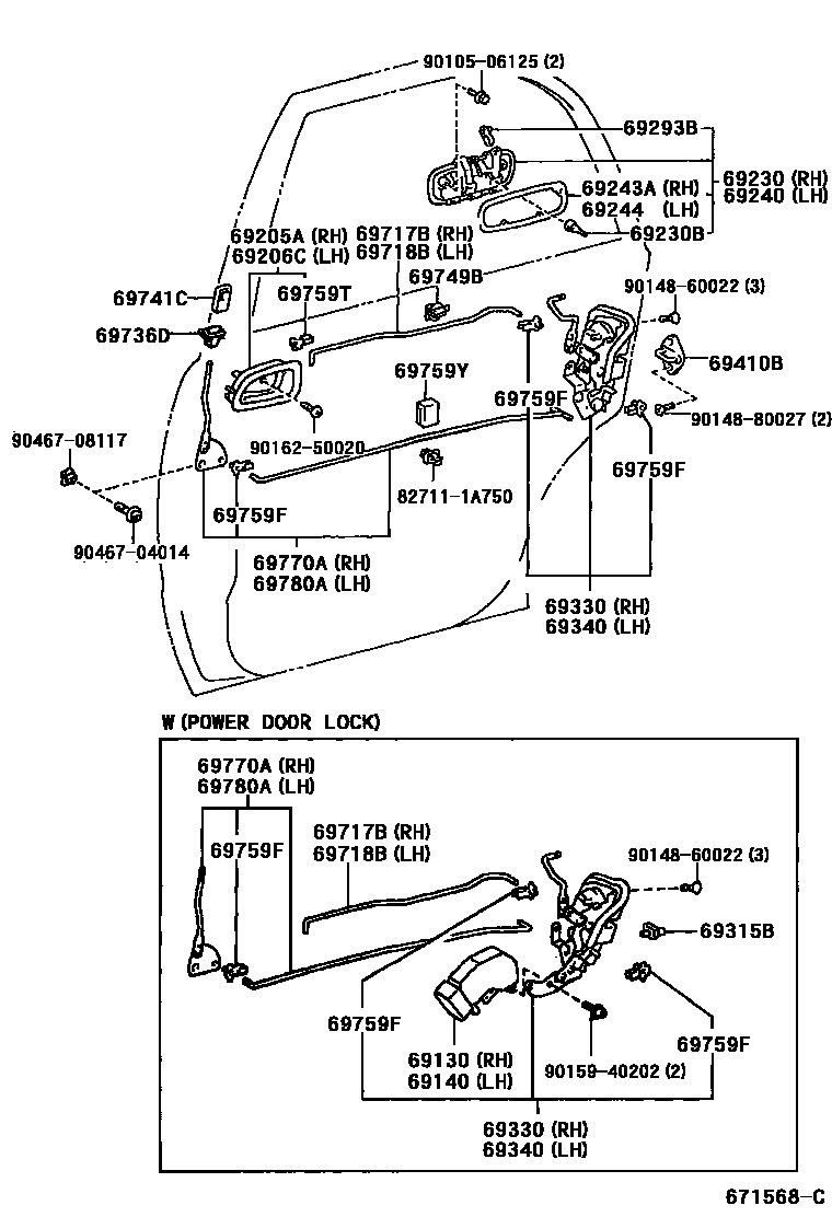 Toyota COROLLA 后门锁和后门把手 EPC diagram — 671568C