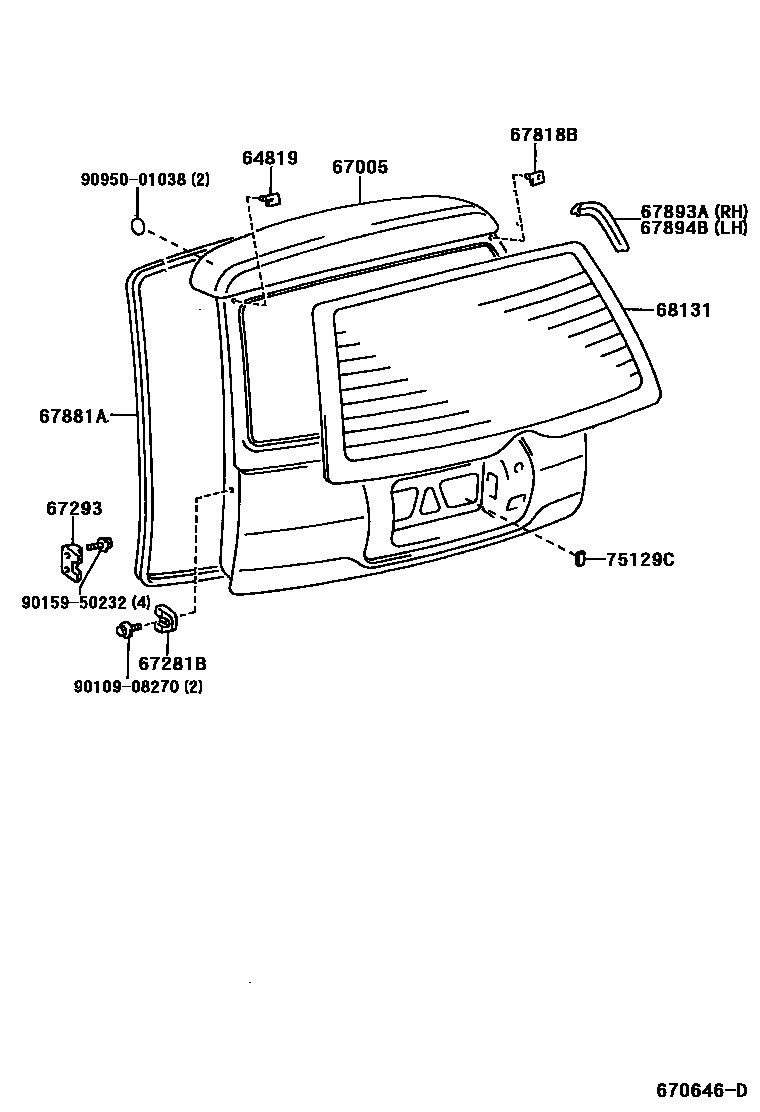 Toyota COROLLA 背门板和背门玻璃 EPC diagram — 670646D