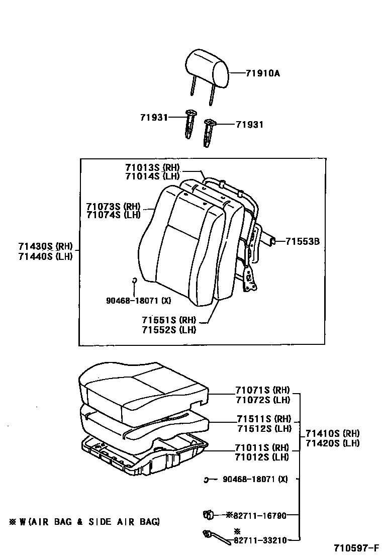 Toyota COROLLA 前排座椅和座椅滑轨 EPC diagram — 710597F