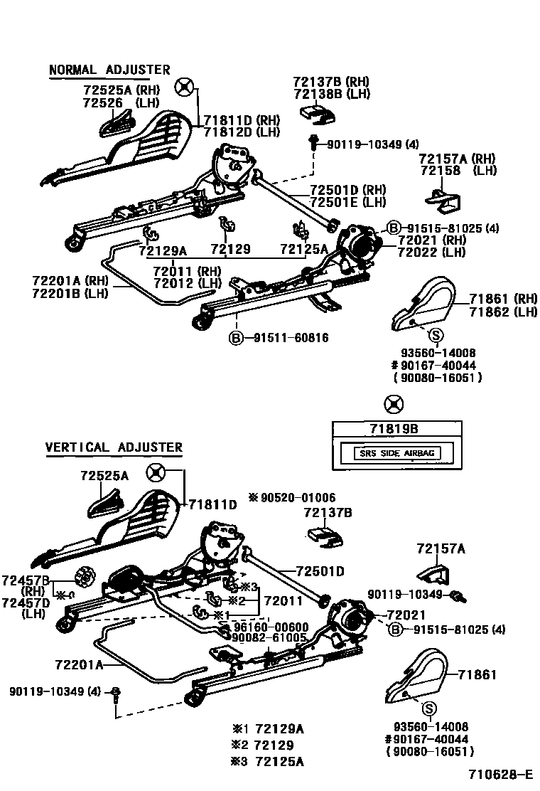 Toyota COROLLA 前排座椅和座椅滑轨 EPC diagram — 710628E
