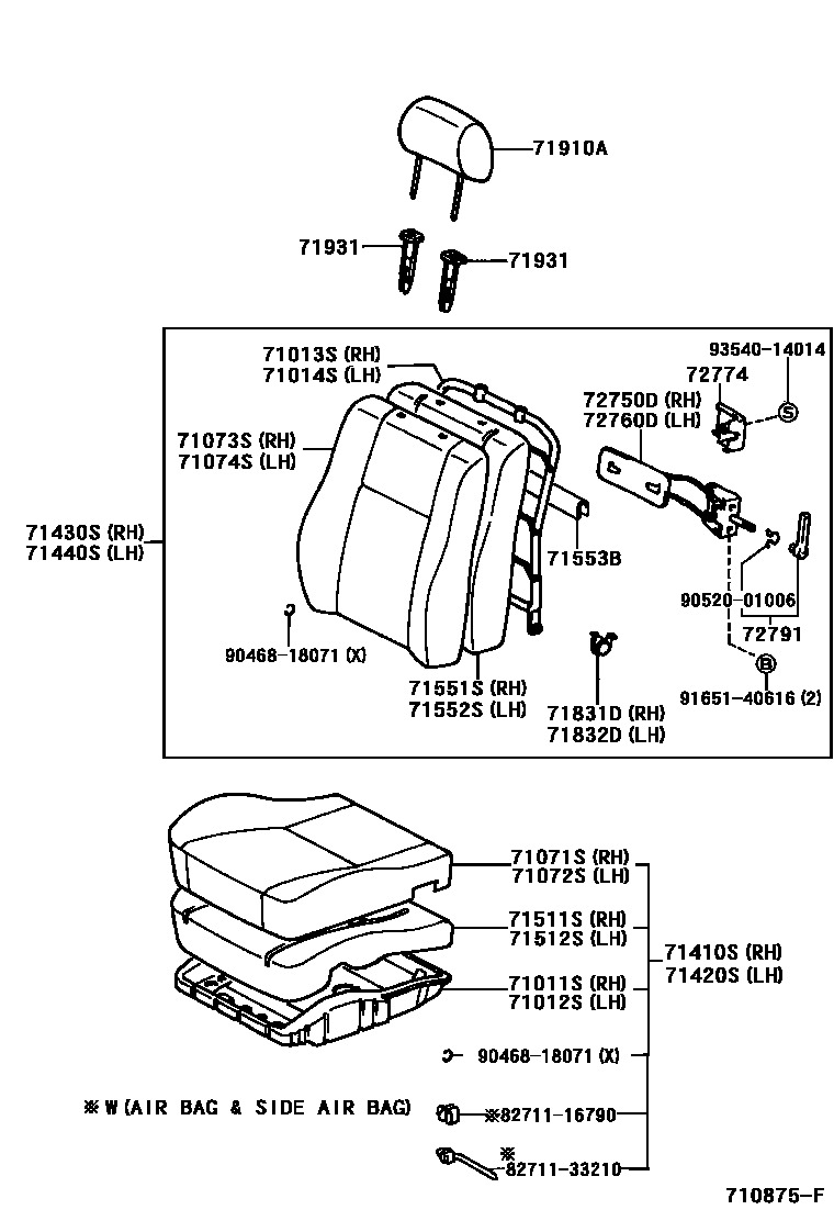 Toyota COROLLA 前排座椅和座椅滑轨 EPC diagram — 710875F