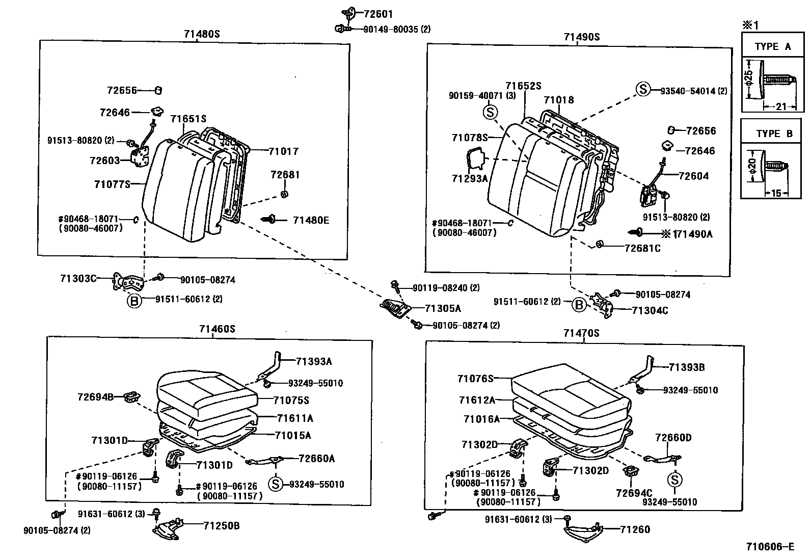 Toyota COROLLA 后排座椅和座椅滑轨 EPC diagram — 710606E