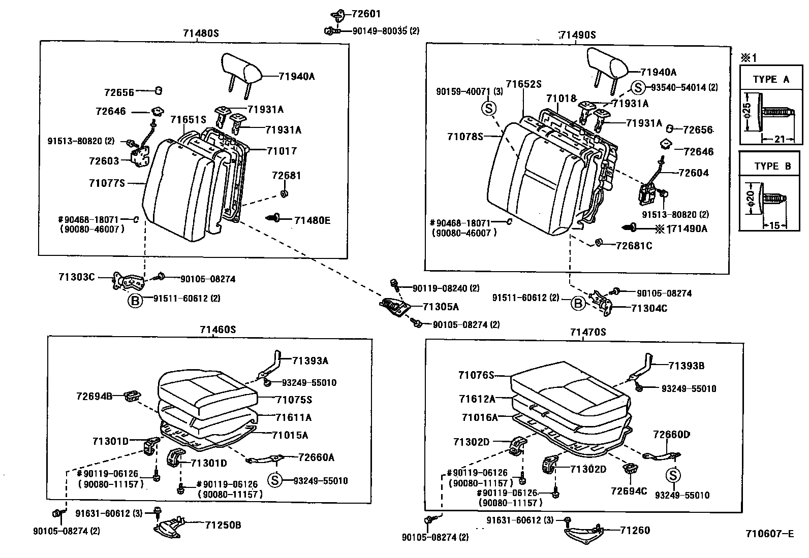 Toyota COROLLA 后排座椅和座椅滑轨 EPC diagram — 710607E