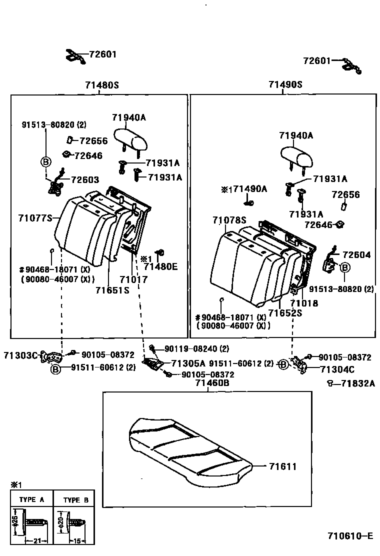 Toyota COROLLA 后排座椅和座椅滑轨 EPC diagram — 710610E