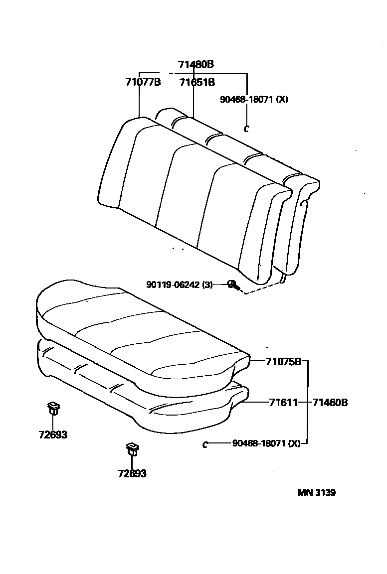 Toyota COROLLA 后排座椅和座椅滑轨 EPC diagram — MN3139
