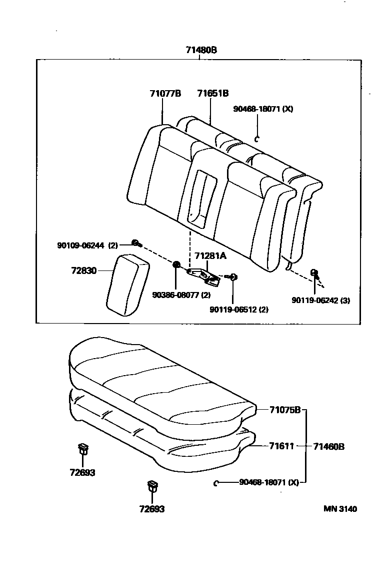 Toyota COROLLA 后排座椅和座椅滑轨 EPC diagram — MN3140