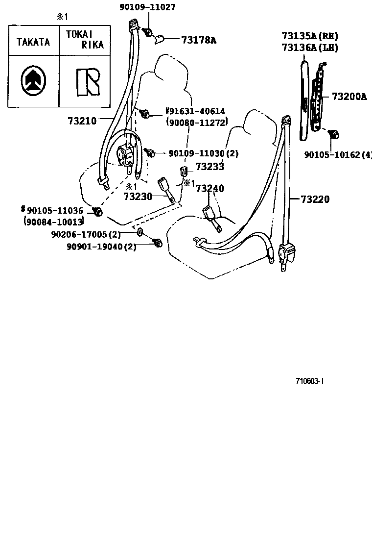 Toyota COROLLA 安全带和儿童保护座椅 EPC diagram — 710603J