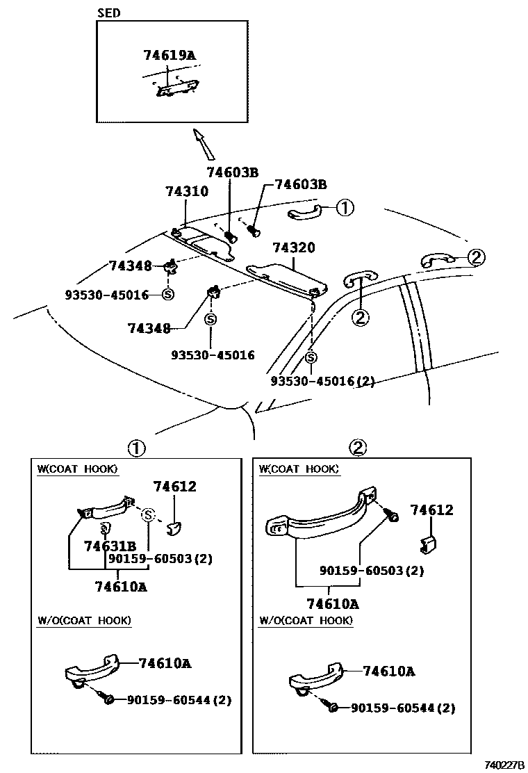 Toyota COROLLA 扶手和遮阳板 EPC diagram — 740227B