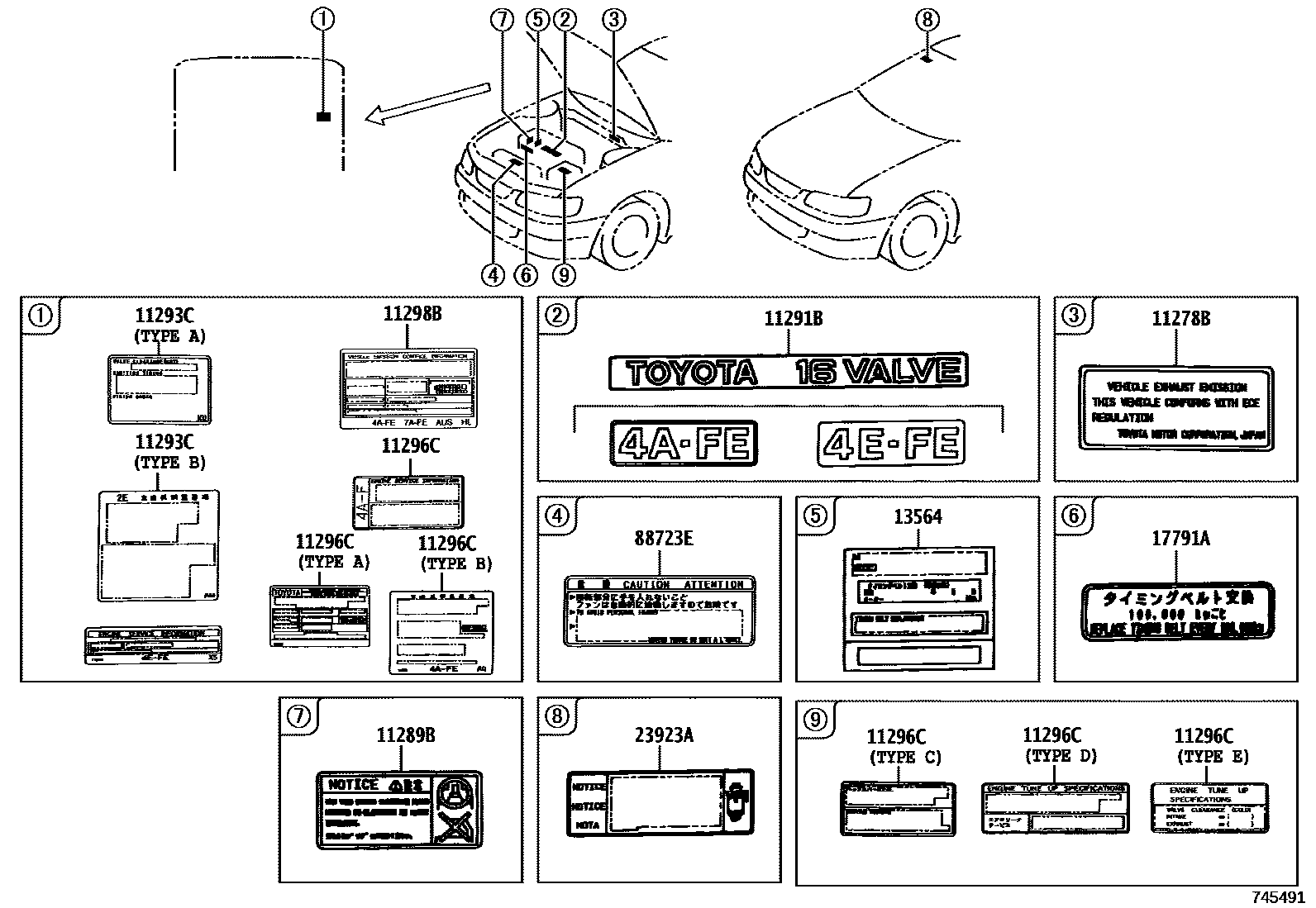 Toyota COROLLA 警示铭牌(车外和车内) EPC diagram — 745491