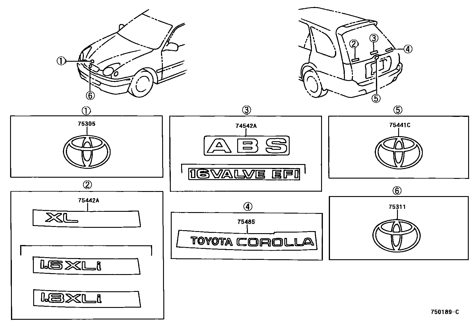 Toyota COROLLA 丰田徽标和铭牌(车外和车内) EPC diagram — 750189C