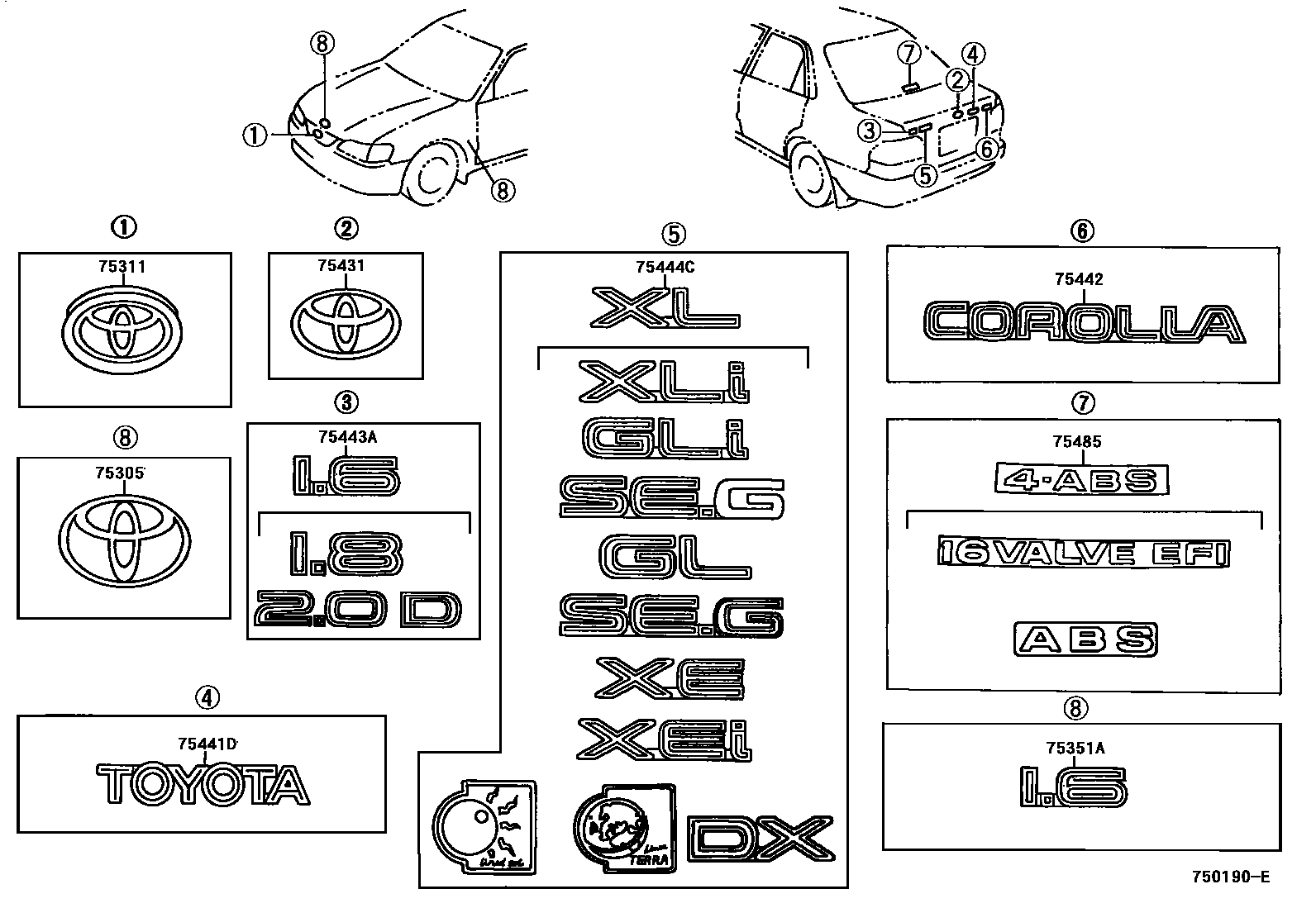Toyota COROLLA 丰田徽标和铭牌(车外和车内) EPC diagram — 750190E