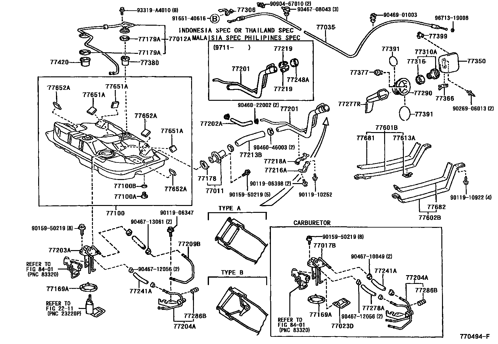 Toyota COROLLA 燃油箱和燃油管 EPC diagram — 770494F