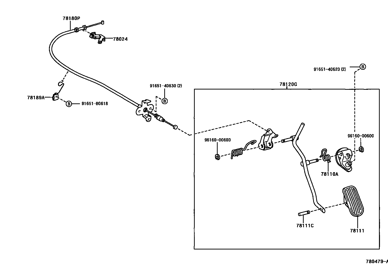 Toyota COROLLA accelerator pedal connecting rod EPC diagram — 780479A