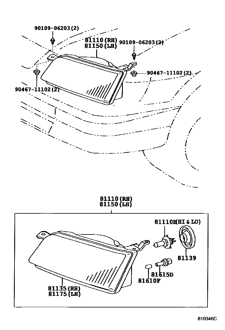 Toyota COROLLA Headlamp EPC diagram — 810346C