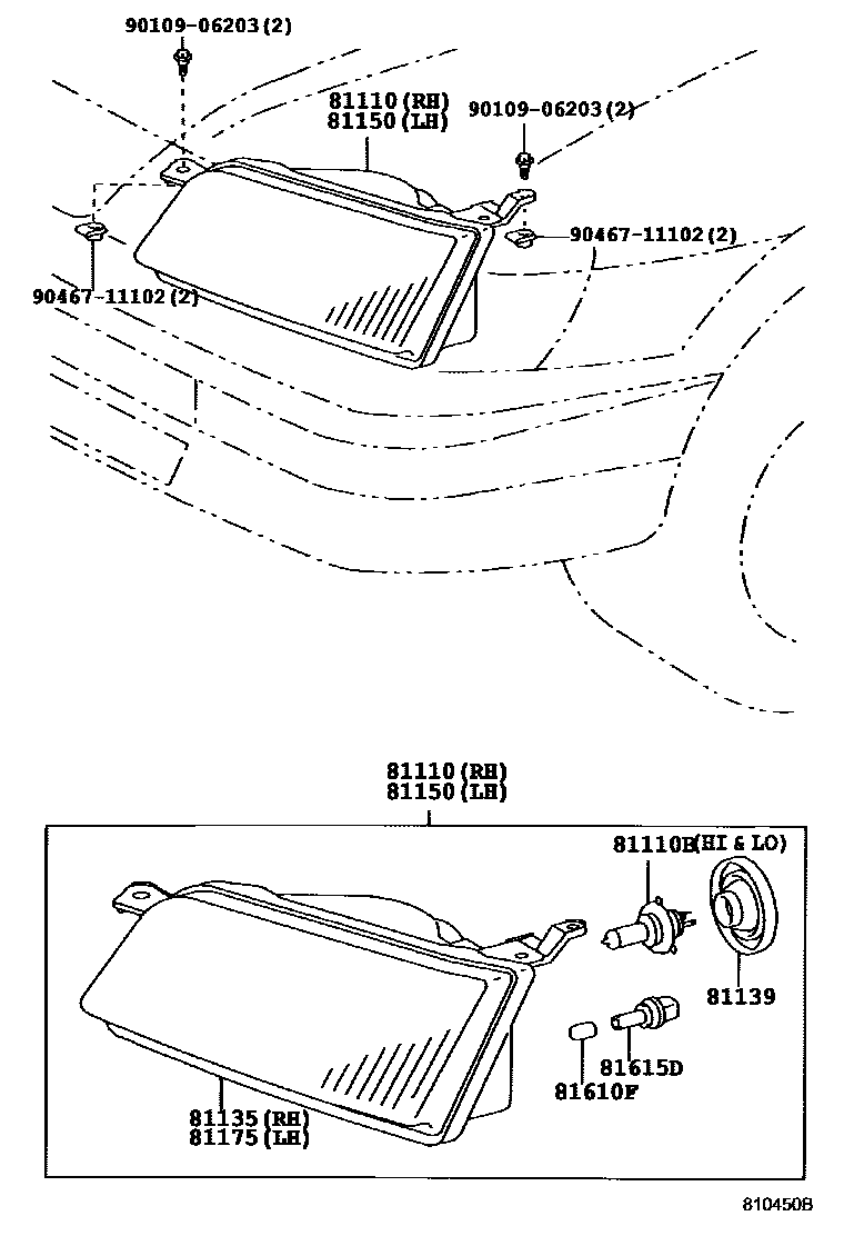 Toyota COROLLA Headlamp EPC diagram — 810450B