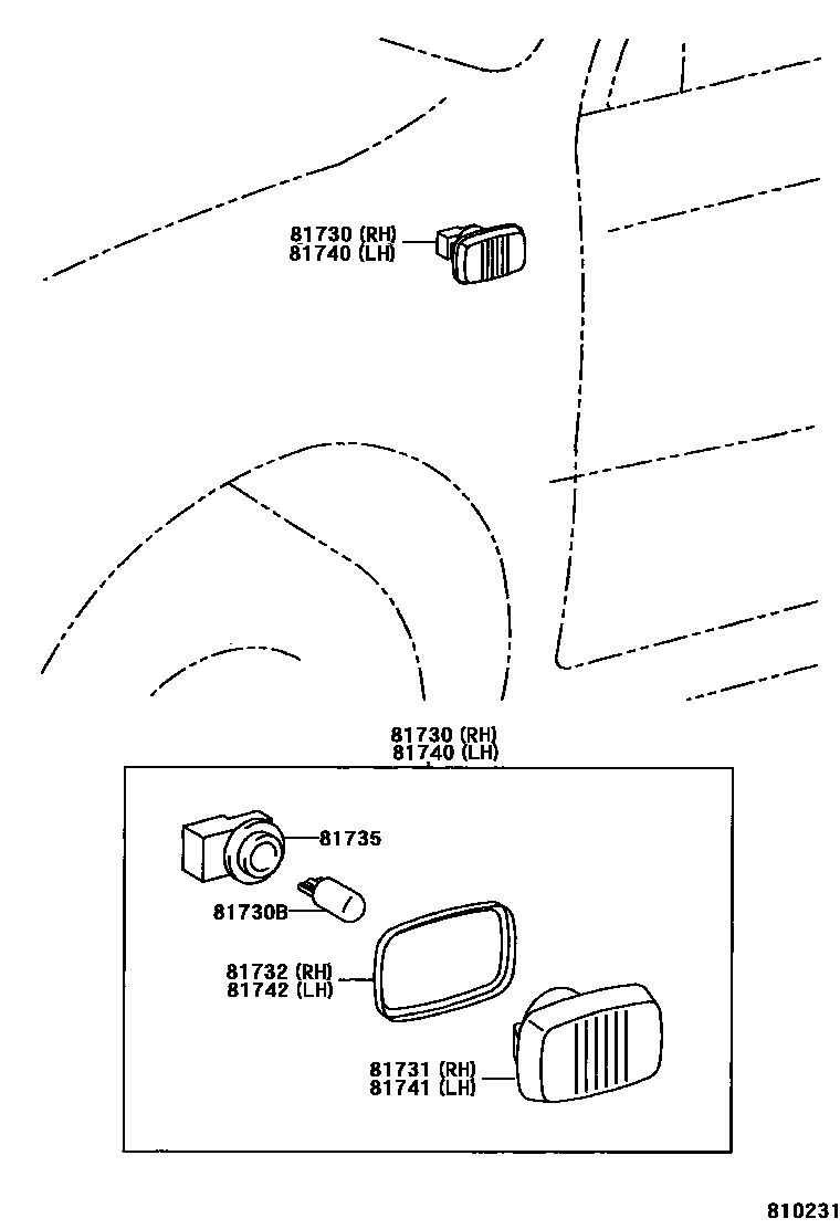 Toyota COROLLA Side Turn Signal & Outer Mirror Lamp EPC diagram — 810231