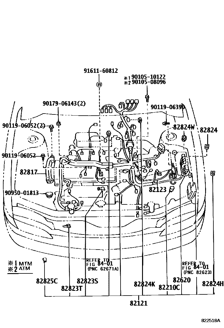 Toyota COROLLA 线束和卡夹 EPC diagram — 822518A