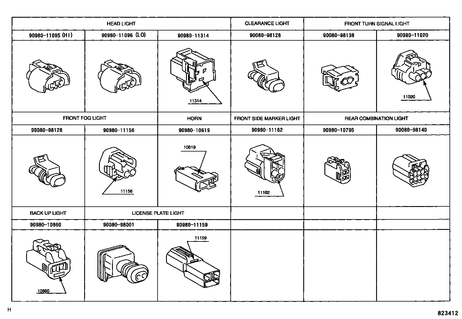 Toyota COROLLA 线束和卡夹 EPC diagram — 823412
