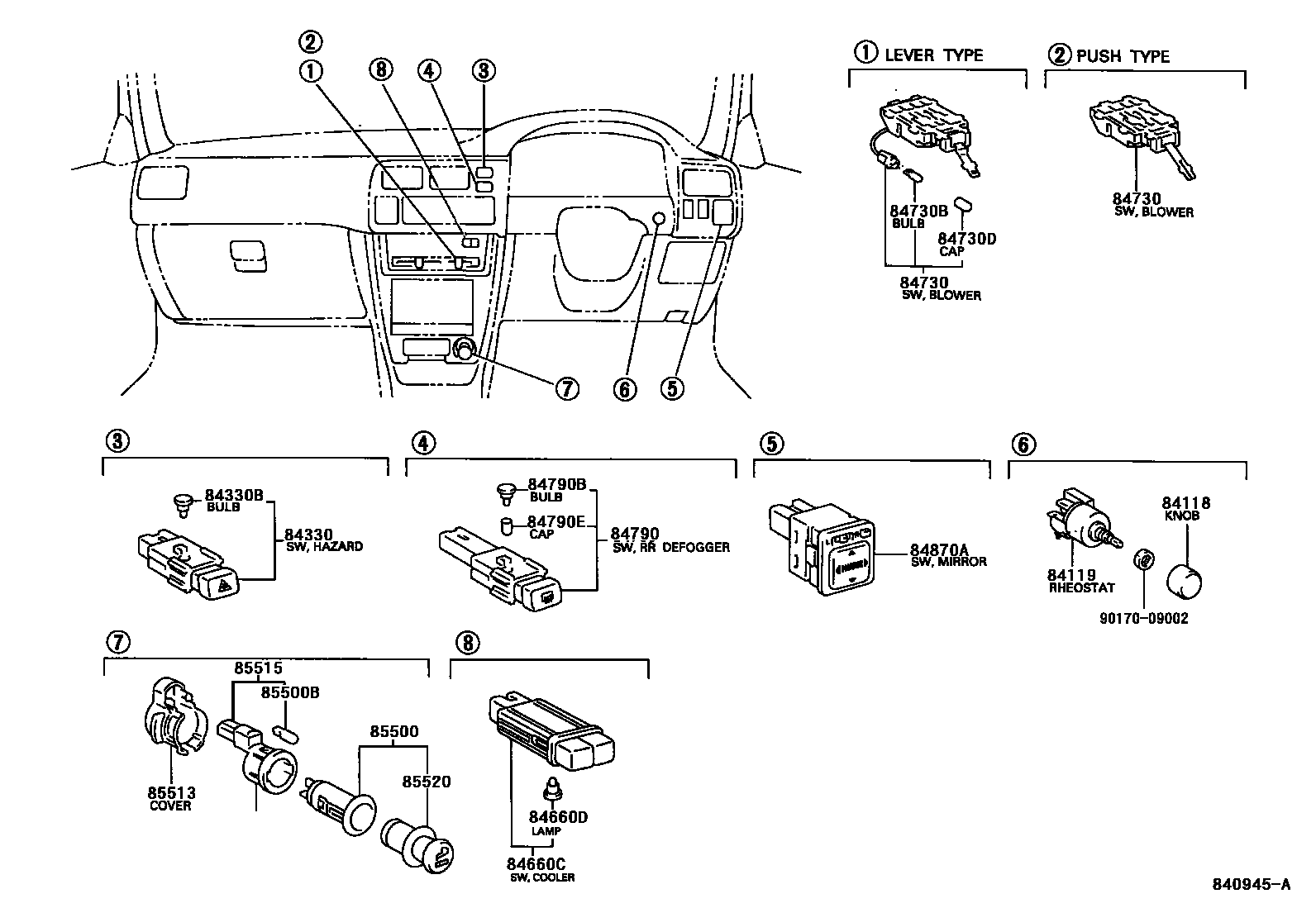 Toyota COROLLA 开关和继电器和ECU EPC diagram — 840945A