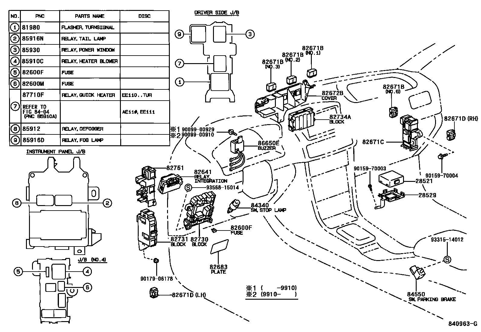 Toyota COROLLA 开关和继电器和ECU EPC diagram — 840963G