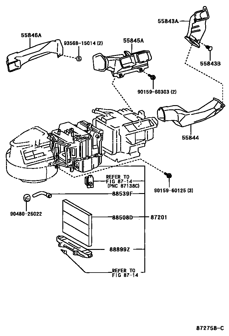 Toyota COROLLA 暖风和空调系统 - 控制器和风管 EPC diagram — 872758C