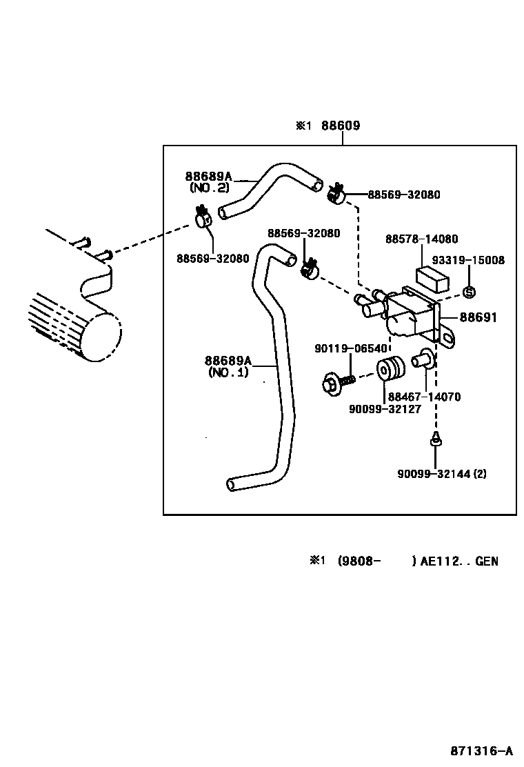 Toyota COROLLA 暖风和空调系统 - 真空管 EPC diagram — 871316A