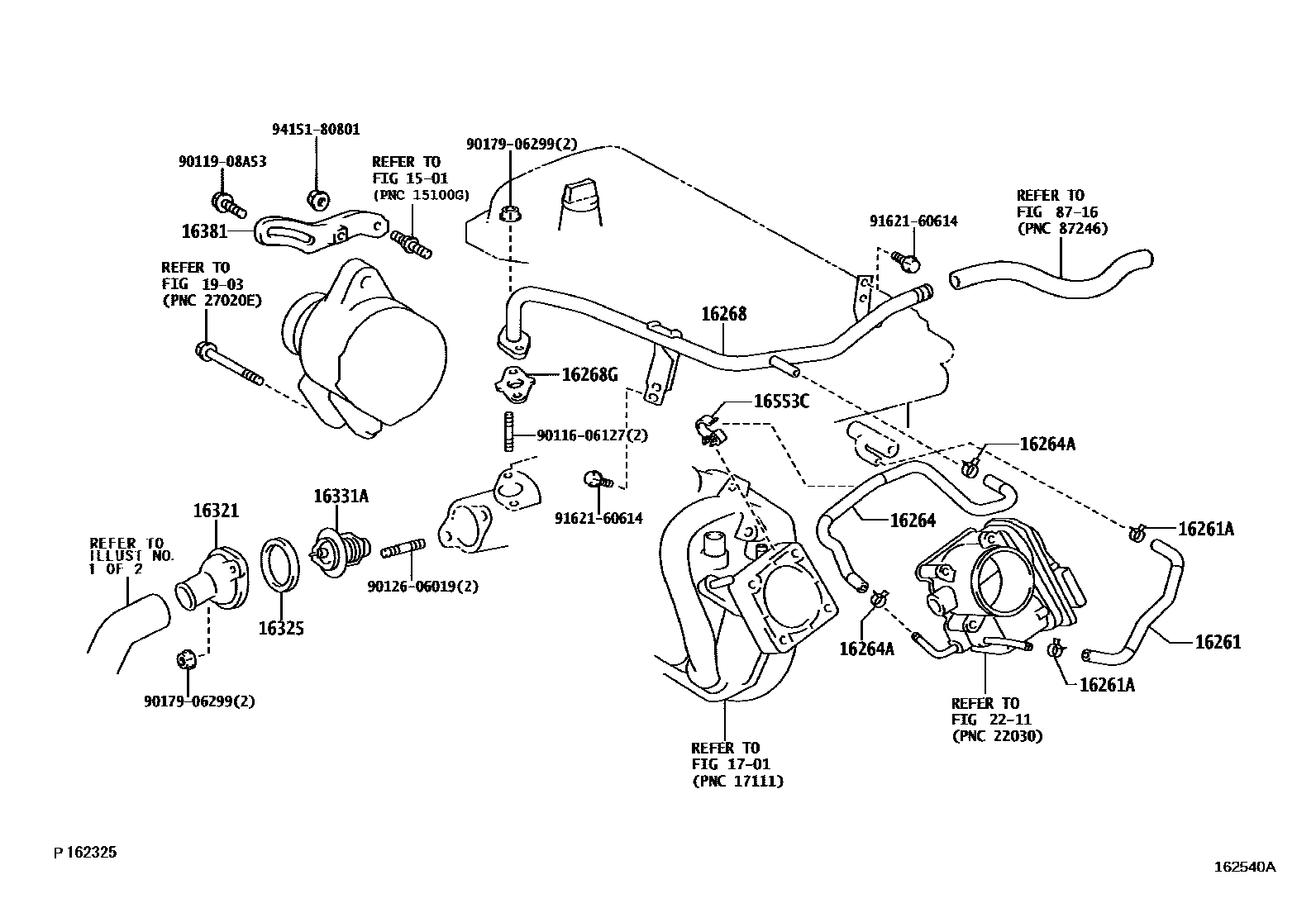 Toyota COROLLA RADIATOR & WATER OUTLET EPC diagram — 162540A
