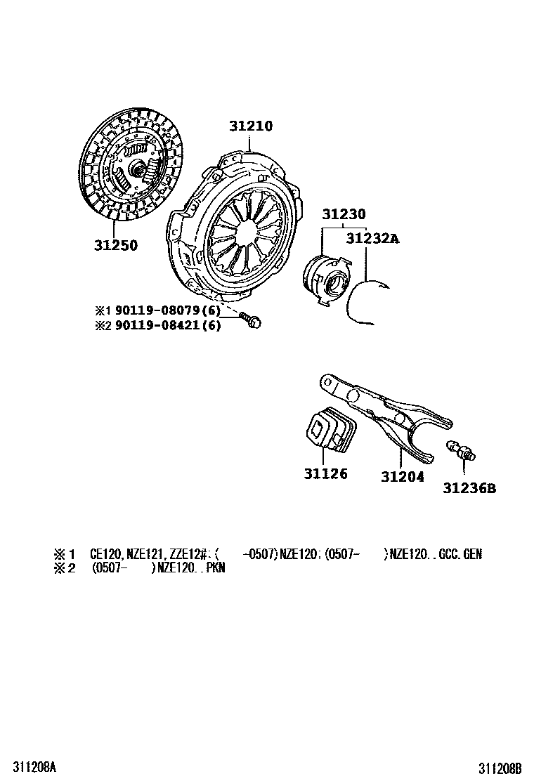 Toyota COROLLA 离合器和分离叉 EPC diagram — 311208B