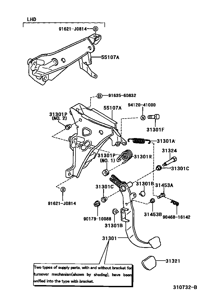 Toyota COROLLA 离合器踏板和挠性软管 EPC diagram — 310732B