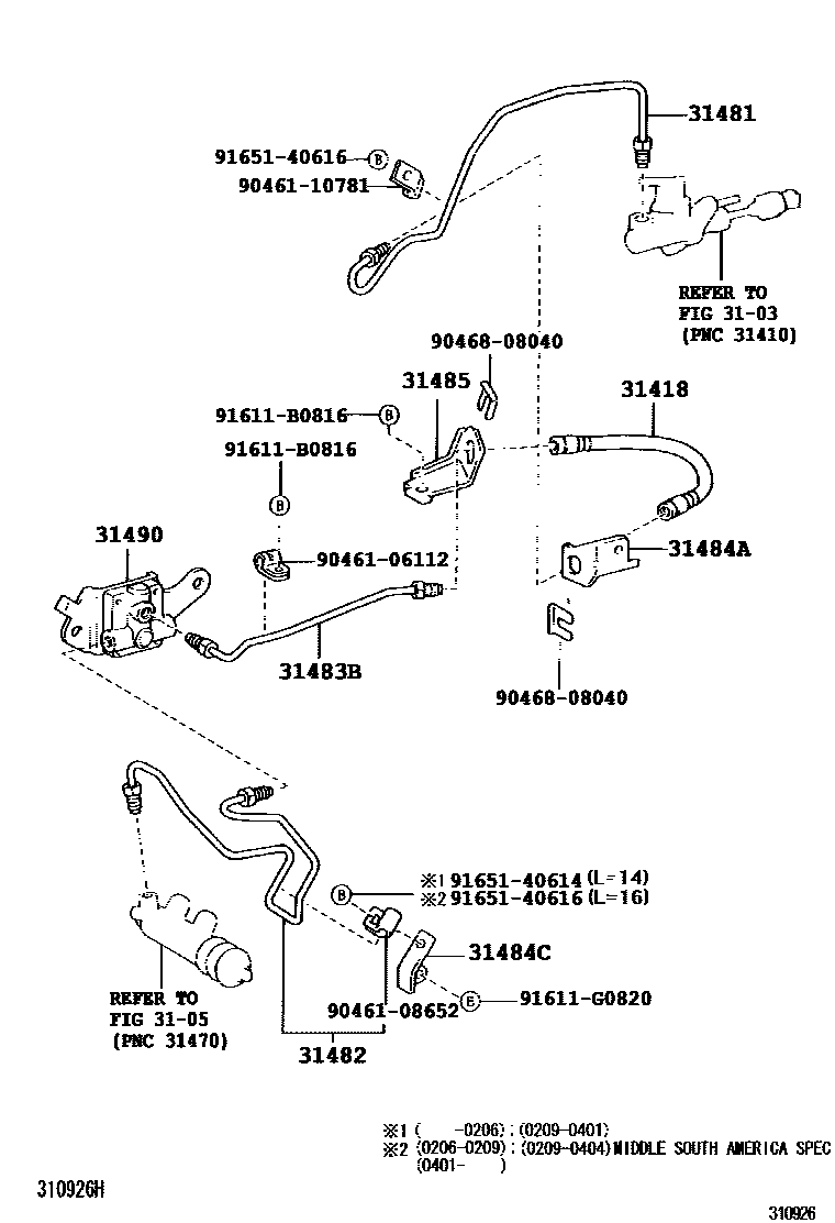 Toyota COROLLA 离合器踏板和挠性软管 EPC diagram — 310926K