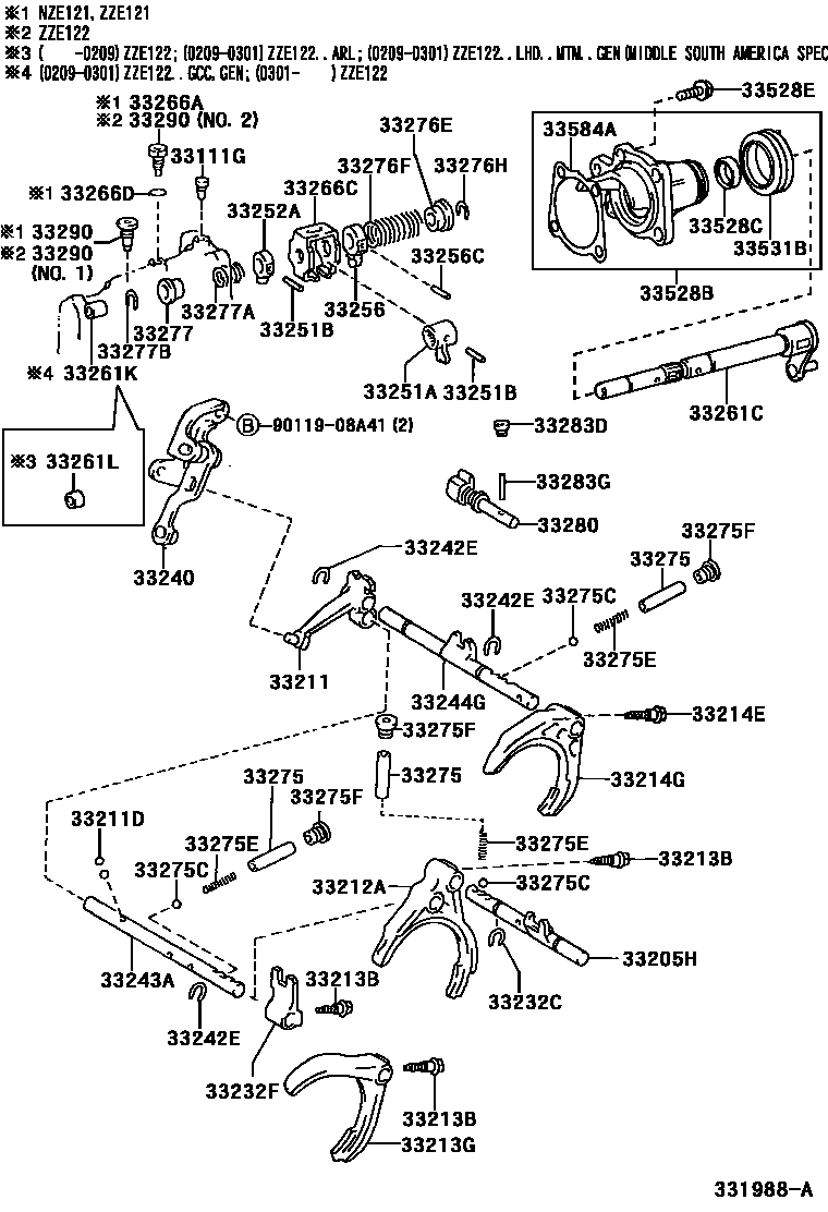 Toyota COROLLA 换档拨叉和换档杆轴(MTM) EPC diagram — 331988A