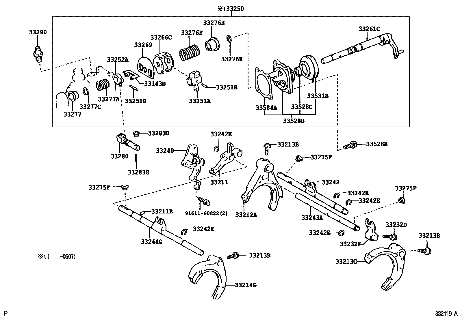 Toyota COROLLA 换档拨叉和换档杆轴(MTM) EPC diagram — 332119A