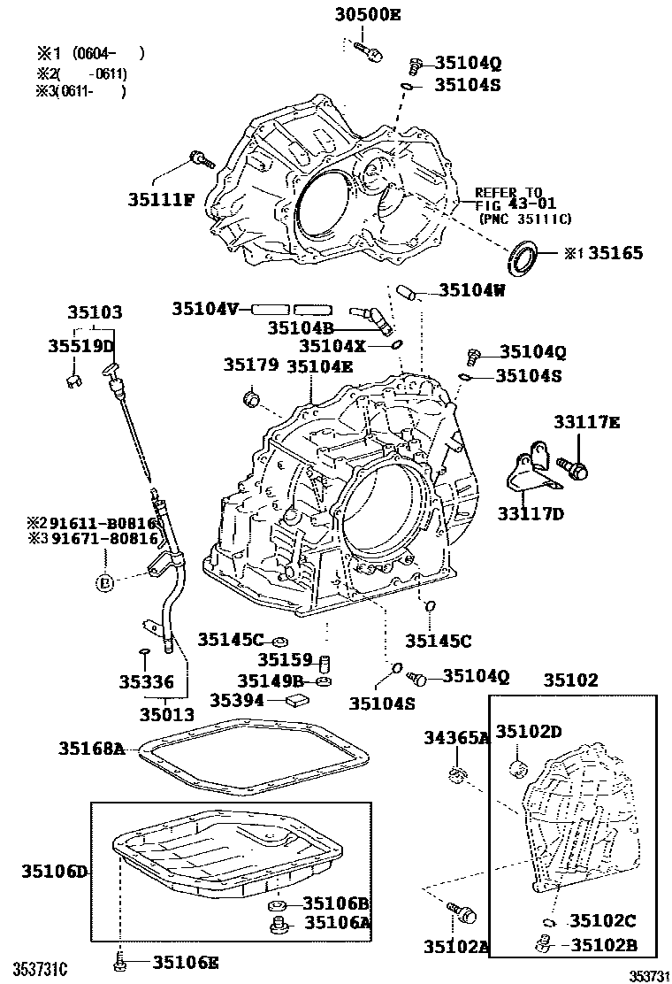 Toyota COROLLA 变速器壳和油底壳(ATM) EPC diagram — 353731E