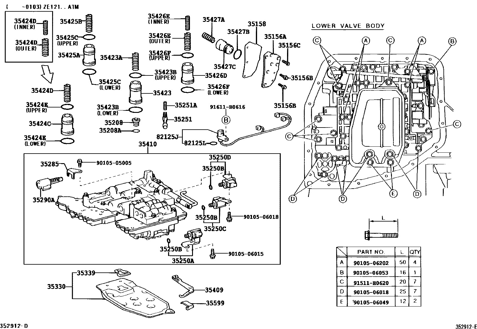 Toyota COROLLA 阀体和滤油网(ATM) EPC diagram — 352912E