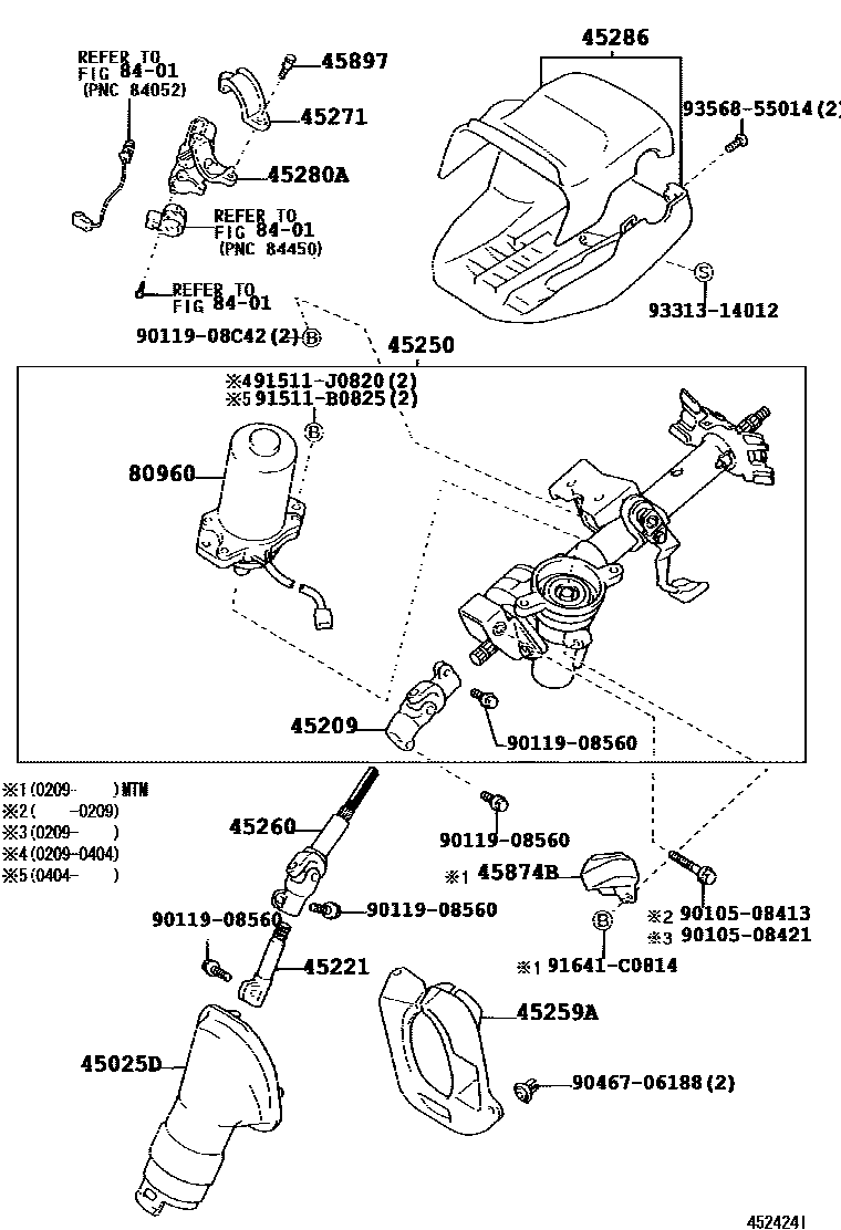 Toyota COROLLA Steering Column & Shaft EPC diagram — 452424I