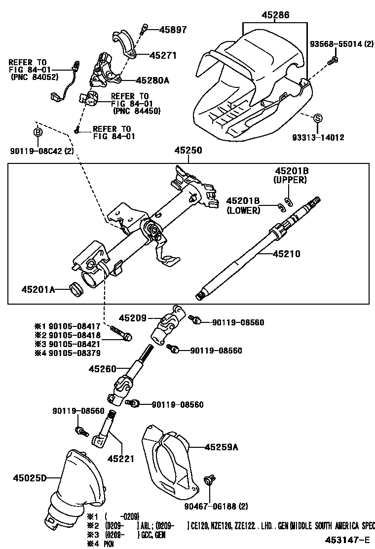 Toyota COROLLA Steering Column & Shaft EPC diagram — 453147E
