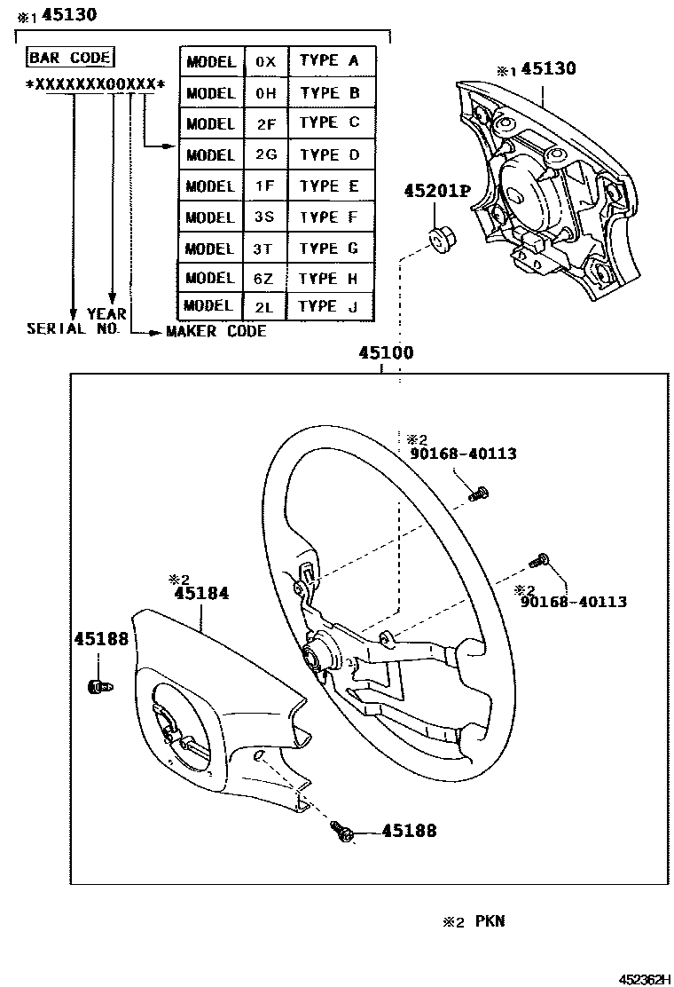 Toyota COROLLA Steering Wheel EPC diagram — 452362H