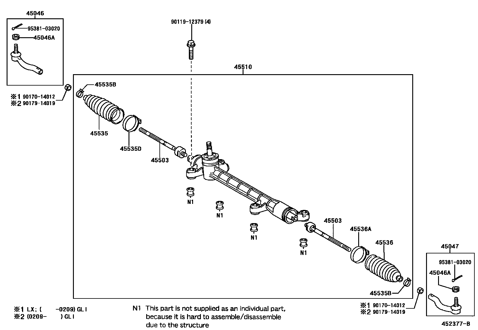 Toyota COROLLA 前转向齿轮和连杆 EPC diagram — 452377B