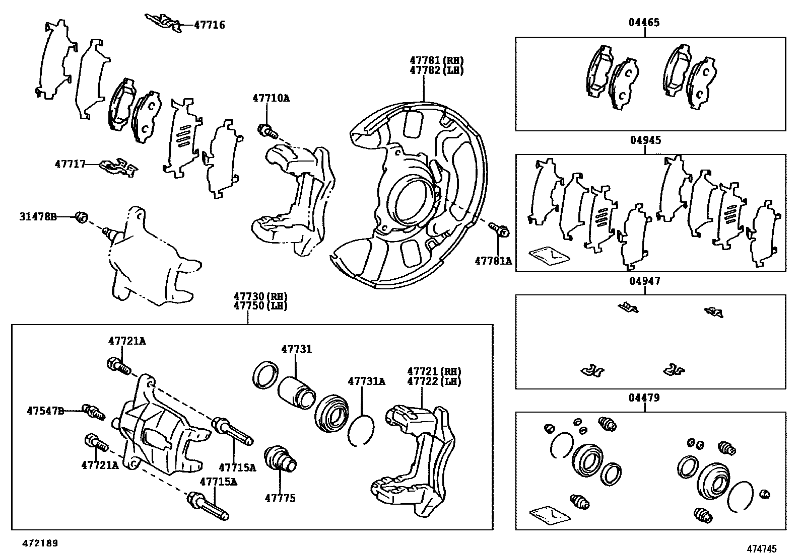 Toyota COROLLA 前盘式制动器卡钳和防尘罩 EPC diagram — 474745