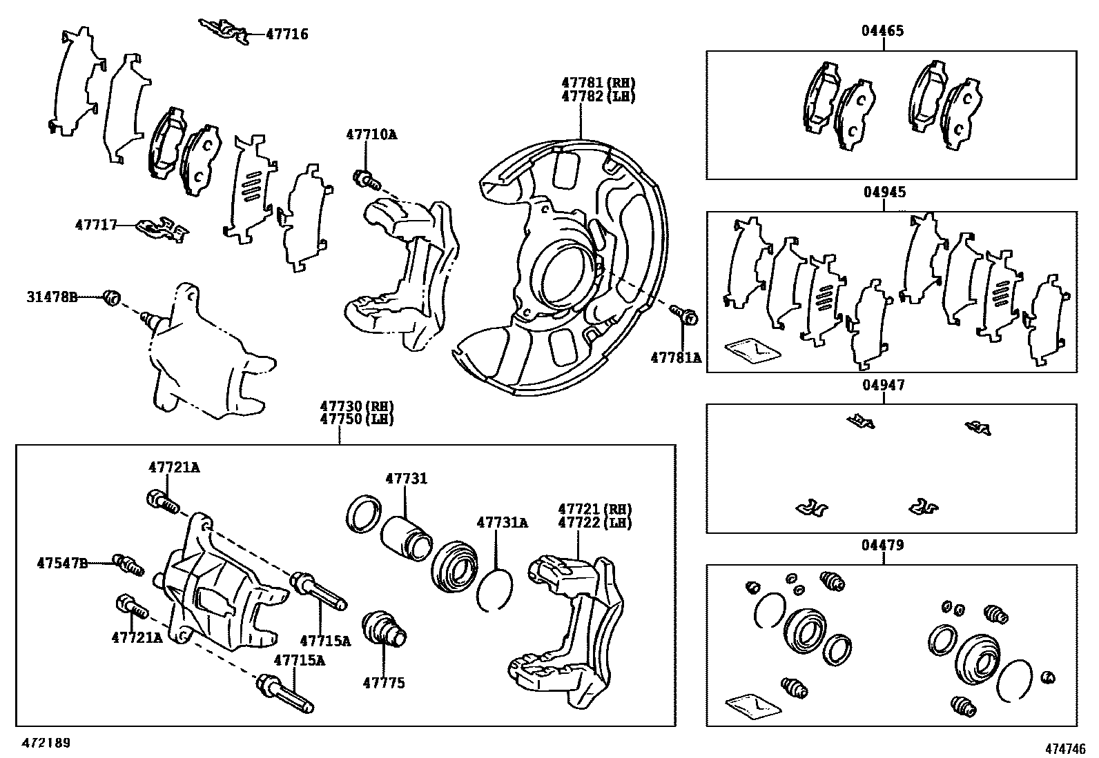 Toyota COROLLA 前盘式制动器卡钳和防尘罩 EPC diagram — 474746