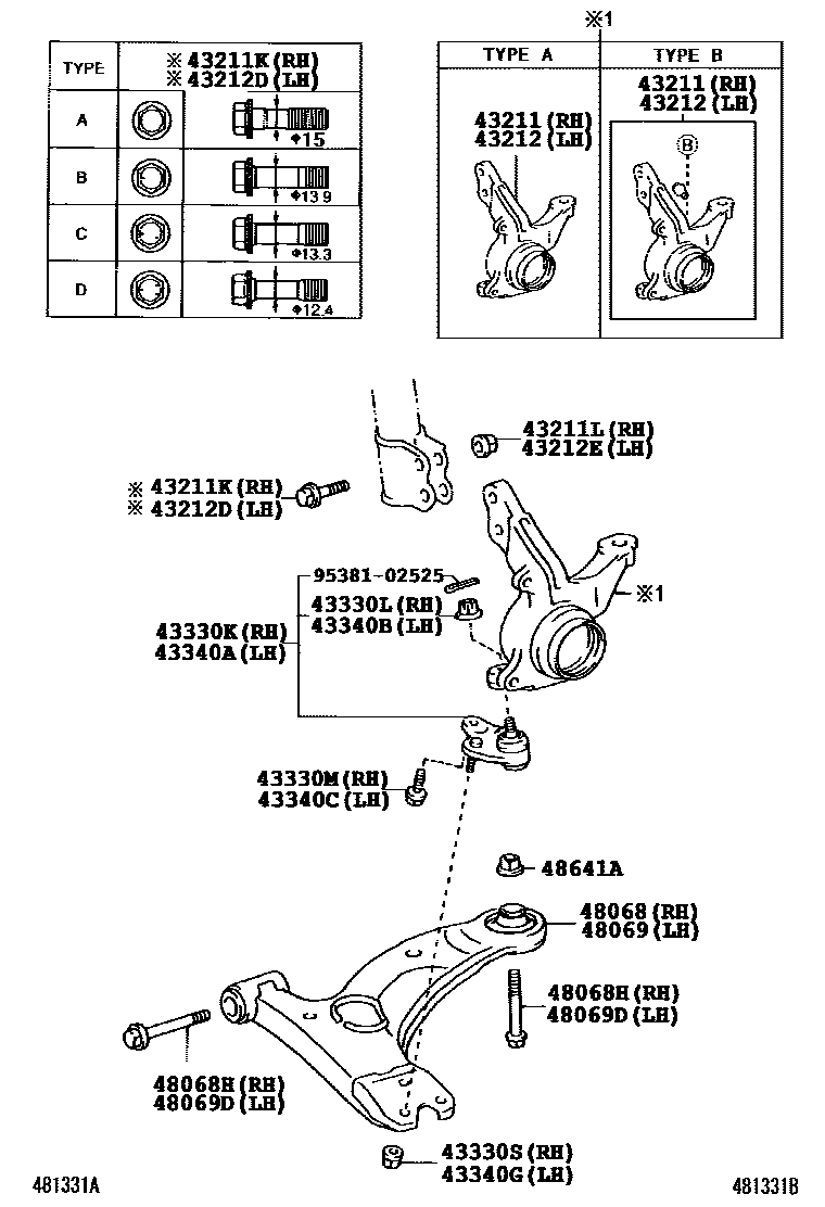 Toyota COROLLA 前桥控制臂和转向节 EPC diagram — 481331B