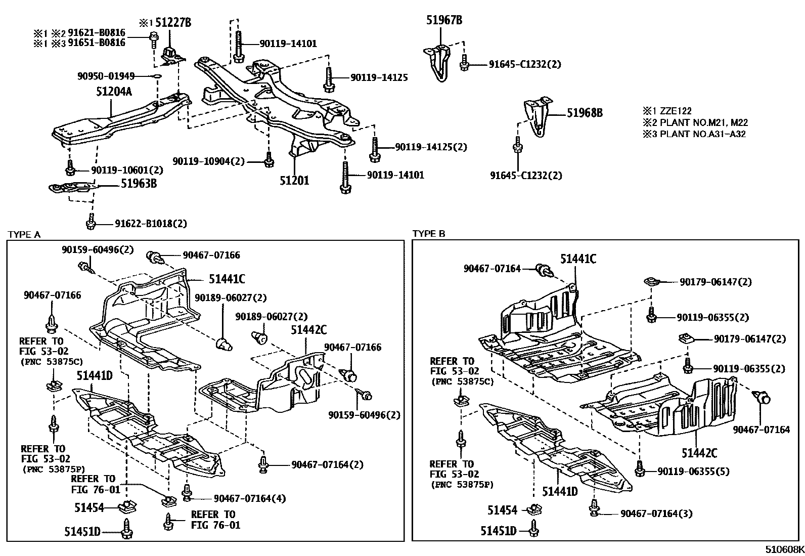 Toyota COROLLA 悬架横梁和发动机底罩 EPC diagram — 510608K
