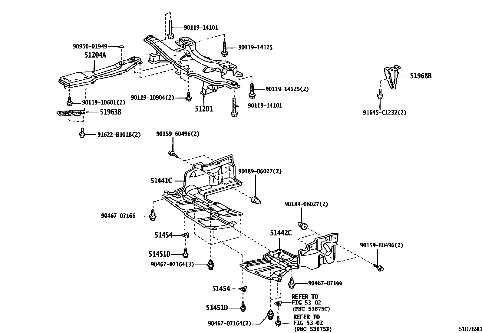 Toyota COROLLA 悬架横梁和发动机底罩 EPC diagram — 510769D